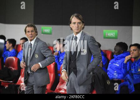 Albanien-Stadion, 16. November 2022, Roberto Mancini Cheftrainer von Italien während des fußballfreundlichen Fußballspiels zwischen den Nationalmannschaften von Albanien und Italien, im Air Albania-Stadion am 16. November 2022, Tirana, Albanien. Foto Nderim Kaceli Stockfoto