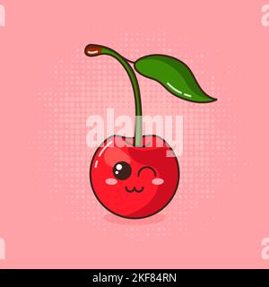 Illustration mit Cartoon Cherry auf rosa Hintergrund Stock Vektor