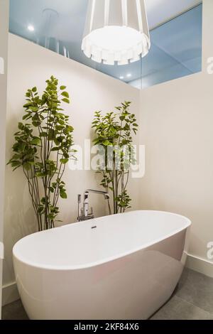 Weiße freistehende Badewanne mit ausgestellter Pendelleuchte im Badezimmer im luxuriösen, zeitgenössischen Bungalow-Stil. Stockfoto