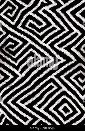 Handgezeichnetes minimalistisches Strickmuster. Collage zeitgenössischer Druck mit dekorativem Strickmuster in schwarz-weißen Farben, Abstraktion Textur. Künstlerische vertikale Vorlage für Design. Stockfoto