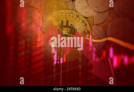 Bitcoin-Börse, Daten Analyse in der Börse auf dem Display, BTC Bitcoin Kryptowährung Preis Forex Aktienkrise roten Preis Drop-Down-Chart fa Stockfoto