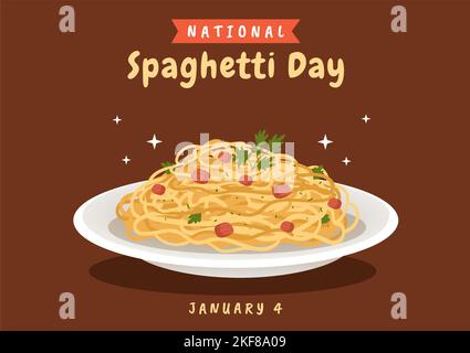 Nationaler Spaghetti-Tag am 4.. Januar mit einem Teller mit italienischen Nudeln oder Pasta verschiedene Gerichte in Flat Cartoon Hand Drawn Template Illustration Stock Vektor