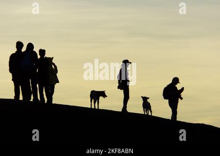 Gruppenreisen und Silhouette von Menschen mit Hunden, Fotografieren auf einem Reiseabenteuer im Three Whale Rock, Bueng Kan Thailand. Stockfoto