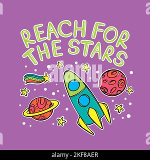 ALIENS BRIEF Raumschiff fliegt zwischen Planeten und Sternen im Universum mit Text Motto Cute Space Cartoon Clipart Vektor Illustration Set für Print A Stock Vektor