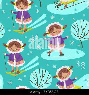 ALASKA-MÄDCHEN Eskimo Winter Kind Charaktere komisch lustig flaches Design Cartoon Hand gezeichnet Nahtloses Muster Vektor Illustration für Print Stock Vektor