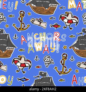 ANKER ENTFERNT Segelboot mit schwarzen Segeln Cartoon Handgezeichnetes Bild Nahtloses Muster Vektor Illustration auf blauem Hintergrund Meer Eigenschaften Märchen Fo Stock Vektor