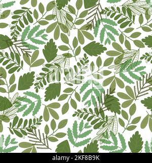 Grün Blätter nahtloses Muster. Satz von Blättern in verschiedenen Tönen auf dem weißen Hintergrund. Schlichte Trendillustration für modernes Design. Stockfoto