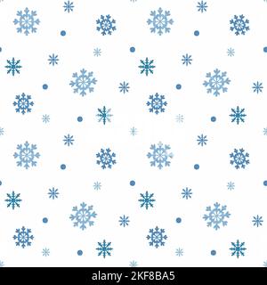 Einfache Schneeflocke Hintergrund. Nahtloses Muster mit isolierten, handgezeichneten blauen Schneeflocken auf weißem Hintergrund. Stockfoto