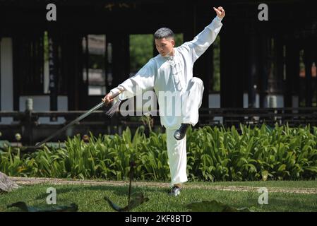 Junger Mann praktiziert traditionelles Tai Chi Schwert, Tai Ji im Park für gesunde, traditionelle chinesische Kampfkunst Konzept auf natürlichem Hintergrund . Stockfoto