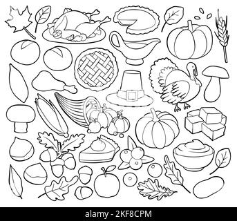 Thanksgiving Feiertagsfeier im Zusammenhang Dinge und Objekte. Sammlung von handgezeichneten, Vektor-Cartoon-Illustrationen. Stock Vektor