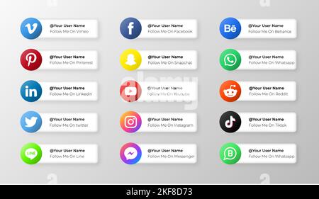 Satz von Social-Media-Symbolen im Verlaufsstil mit Benutzername, realistischem Social-Button-Vektor, Satz der beliebtesten Social-Media-Symbole. Stock Vektor