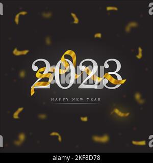 2023 Happy New Year Premium Design mit goldenen Bändern, 2023 Happy New Year Schriftzug auf schwarzem Hintergrund Vektorgrafik. Stock Vektor