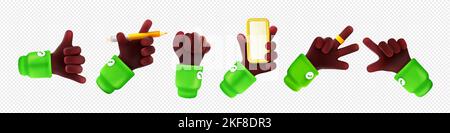 Satz schwarzer Handgesten png isoliert auf transparentem Hintergrund. 3D Vektordarstellung des Charakters, der Smartphone, Bleistift, intelligenten Ring, Zeigefinger, Faust und Rufzeichen hält Stock Vektor