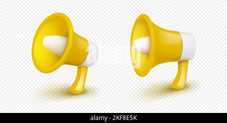 Set aus gelbem 3D-Megafon isoliert auf transparentem Hintergrund, Winkel und Seitenansicht png. Vektor-Illustration von Lautsprechern für die Herstellung von Geschäfts-, hr-, Nachrichten-Ankündigung oder Verkauf Werbung Stock Vektor
