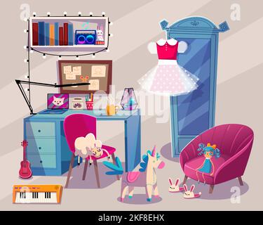 Mädchenzimmer mit Kleiderschrank, Stuhl und Tisch. Niedliches Mädchenschlafzimmer mit Laptop auf dem Schreibtisch, Bücher auf der Schale, Kleid auf dem Schrank, Spielzeug und Musikinstrumenten, Vektorgrafik Stock Vektor
