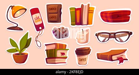 Sammlung von gemütlichen Freizeit Sticker. Vektor-Cartoon-Illustration von Büchern, warme Decke, Schokolade, Kaffeetasse, Kerze, Lampe, Lesezeichen, Brillen und Blumentopf. Hygge Home Atmosphere Elemente Stock Vektor