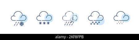 Satz von Niederschlagssymbolen. Schnee, Regen, Dusche, Sturm. Pixel-perfekte, bearbeitbare Strichsymbole Stock Vektor