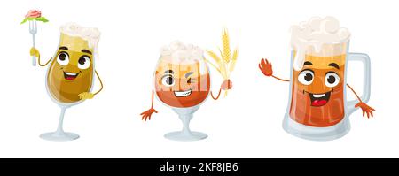 Happy Bier Glas Maskottchen Vektor-Set. Lustige Alkohol trinken Emoticon Illustration isoliert auf weißem Hintergrund. Niedliches alkoholisches Getränk Emoji-Symbol Stock Vektor