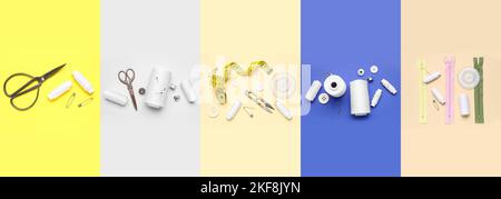 Kollektion von weißen Garnspulen mit Nähzubehör auf farbigem Hintergrund, Draufsicht Stockfoto