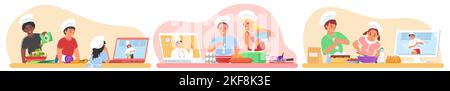 Online-Kochkurs für Kinder Szene Vektor-Set. Kinder, die Essen zubereiten, beobachten Meister Koch Blogger Bildung Kanal Illustration auf weiß isoliert Stock Vektor
