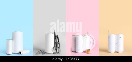 Collage aus weißen Fadenspulen mit Nähzubehör auf farbigem Hintergrund Stockfoto