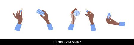Afrikanische weibliche Hand halten Pillen. Gesundheits- und Medizinkonzept. Frau trinkt Vitaminkomplex und Mineralien. Vektorgrafik in flacher Karikatur Stock Vektor