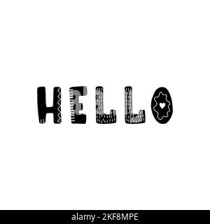 Hello Lettering. Handgezeichneter skandinavischer Satz und Inspirationszitat. Hygge Kinderposter. Vektor-Illustration im flachen Cartoon-Stil. Toll für Stock Vektor