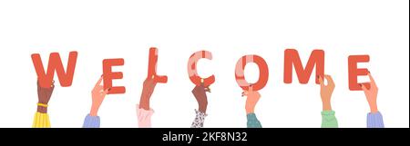 Gruppe verschiedener weiblicher Hände mit rotem Wort Herzlich Willkommen. Verschiedene multiethnische Menschen sind zusammen. Vektor handgezeichnete Illustration im Cartoon-Stil Stock Vektor