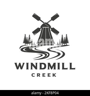 Design von Fluss und Windmühle inspiriert. Logo-Vorlage für den Vintage-Bauernhof Stock Vektor