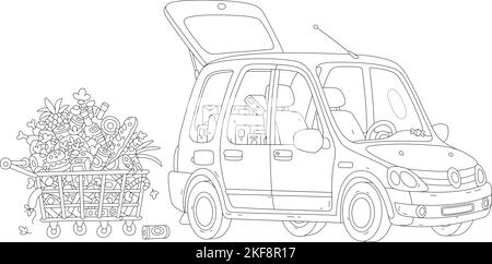 Cuter Kleinwagen mit offenem Kofferraum auf einem Supermarkt-Parkplatz und einem Einkaufswagen voller Lebensmittel, Getränke, Süßigkeiten und Geschenke für die Winterferien Stock Vektor