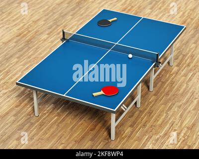 Tischtennisplatte, Schläger und Ball auf Parkettboden. 3D Abbildung. Stockfoto