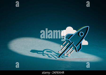 Schöne abstrakte Illustrationen Blaue und Goldene Rakete Symbol-Symbol auf einem dunkelblauen Hintergrund. 3D Rendering-Illustration. Hintergrundmuster für Design Stockfoto