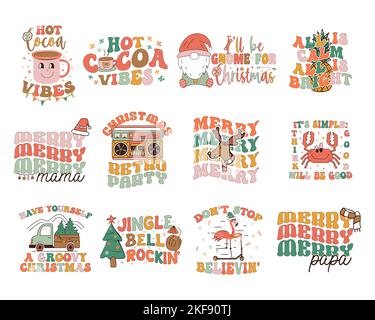 Groovige Weihnachts-Prints mit verschiedenen 70s Stil Grafiken und Zitate-heiße Kakao-Vibes, alles ist ruhig, alles ist hell. Retro-Weihnachtsgrafiken. Lager Stock Vektor