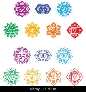 Vektor-Design des sieben Chakra-Energiezentrums, ein Symbol der Hinduismus-Doktrin, das die sieben Chakren des menschlichen Körpers zeigt, mit ihren jeweiligen c Stock Vektor