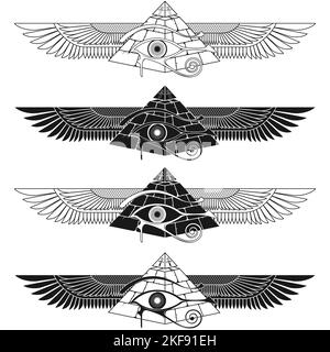 Geflügelte Pyramide Vektor-Design mit Auge des horus, alte ägyptische Pyramide mit Flügeln, geflügelte Pyramide, Auge des horus, ankh Kreuz Stock Vektor