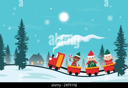 Happy Kids Kinder Spielen Zug Winter Weihnachten Illustration Stock Vektor