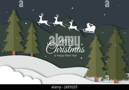 Inschrift Frohe Weihnachten und Frohes Neues Jahr Weihnachtsbanner mit Tannenbäumen auf einer verschneiten Lichtung und Hirschen in einem Geschirr, das über den Himmel läuft Stock Vektor