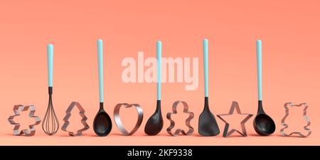 Set aus Metall-Keksausstechern und Küchengeräten aus Holz auf korallenfarbenem Hintergrund. 3D Wiedergabe von Küchengeräten und Zubehör für das Kochen Stockfoto