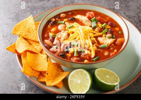 Leckere Chicken Taco-Suppe mit zartem Huhn, süßem Mais, schwarzen Bohnen, feuergerösteten Tomaten und der köstlichsten cremigen Brühe in Nahaufnahme auf einer Plate Stockfoto