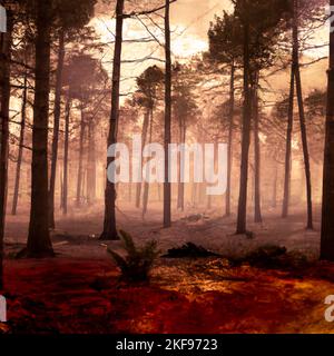 Frankreich, Paris am 2022-11-06. Digitale Illustration eines riesigen Waldbrands, der durch die Dürre und Hitzewelle verursacht wurde, die durch den Klimawandel verursacht wurde. Bild erstellt Stockfoto