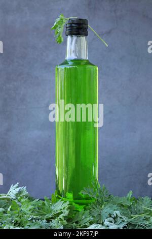 Flasche grünen Absinthdrinks auf schwarzem Hintergrund mit Kräutern Stockfoto