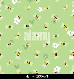 Nahtloses Muster mit Bienen auf floralem Hintergrund. Kleine Wespe. Vektorgrafik. Entzückende Cartoon-Figur. Vorlage Design für Einladung, Karten Stock Vektor