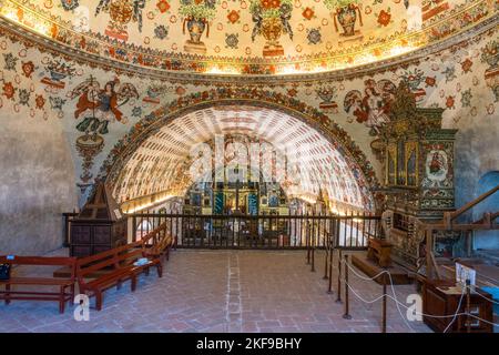 Die Orgelempore der Kirche San Jeronimo Tlacochahuaya in San Jeronimo Tlacochahuaya, Mexiko. Der Bau wurde Ende des 16. Jahrhunderts begonnen und begann Stockfoto