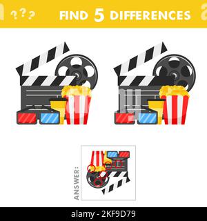 Kinder Spiel finden Unterschiede. Cinema Icons Set, Vektorgrafik. Popcorn, Limonade oder Kaffee, 3D Gläser, Filmklapper und Rollen auf Weiß Stock Vektor
