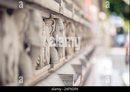 Eine selektive Aufnahme von Steinelefanten, die an der Außenwand eines Hindu-Tempels mit unscharfem Hintergrund geschnitzt wurden Stockfoto
