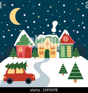 Weihnachtshäuser mit Auto, Bäumen, Schnee und Sternen in der Weihnachtsnacht. Cartoon-Stil. Vorbereitung auf den Urlaub Stock Vektor