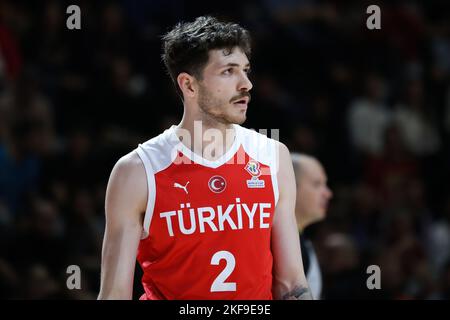 Belgrad, Serbien, 14.. November 2022. Sehmus Hazer aus der Türkei reagiert während der FIBA Basketball-WM-Qualifikation 2023 in der Aleksandar Nikolic Hall in Belgrad, Serbien. 14. November 2022. Kredit: Nikola Krstic/Alamy Stockfoto