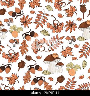 HERBSTMUSTER Natur Wald Landschaft Herbstsaison mit Vogelbeeren Äpfel Pilze und Eichenblätter Nahtloser Hintergrund Vektor Illustration für Prin Stock Vektor