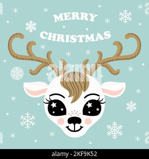 Schriftzug Frohe Weihnachten. Winter-Thema mit dem Kopf eines niedlichen, Cartoon-Hirsch. Für die Gestaltung von Weihnachten und Neujahr Drucke, Plakate, Karten, invita Stock Vektor