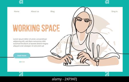 Coworking Space Landing Page – Cartoon-Vorlage. Freiberufler-Team arbeitet online auf Laptop. Mitarbeiter Im Unternehmen Gemeinsam Nutzen Öffnen Sie Den Arbeitsbereich. Vektordarstellung „Umriss“ Stock Vektor